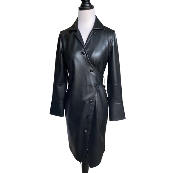 Nanushka Jackets & Blazers - Nanushka Women Black Faux Vegan Leather Long Trench Coat Jacket Sz S
